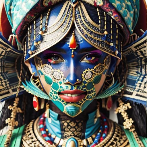 Hyperrealistic portrait of a beautiful woman wearing intricately detailed colorful clothing and futuristic jewellery.