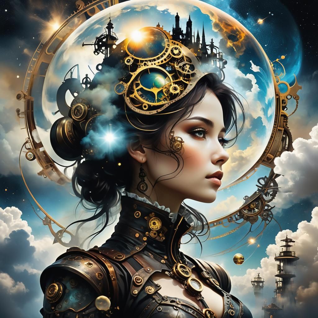 A double exposure steampunk lady