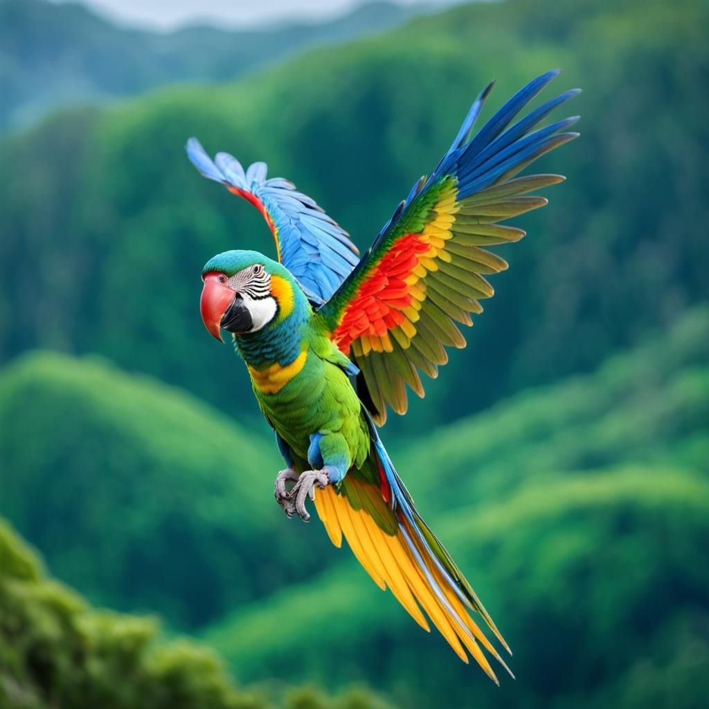 hyper-realistic and ultra-detailed photography of a colorful parrot with hyper-realistic details, adds a "motion blur" effect to its wings m...
