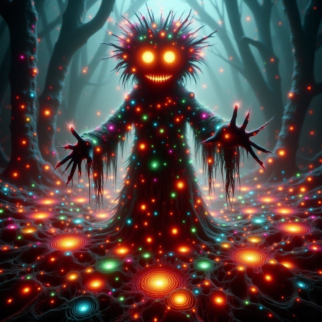 <lora:-Psynanigans-:1.0>  Whimsical atmosphere ▪ Enchanted forest setting ▪ Scarecrow figure with glowing eyes and a fabric head ▪ Playful c...