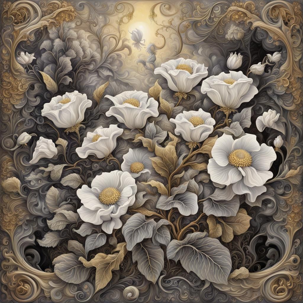 white, hues of gray, bone,and black flowers, with a hint of ...