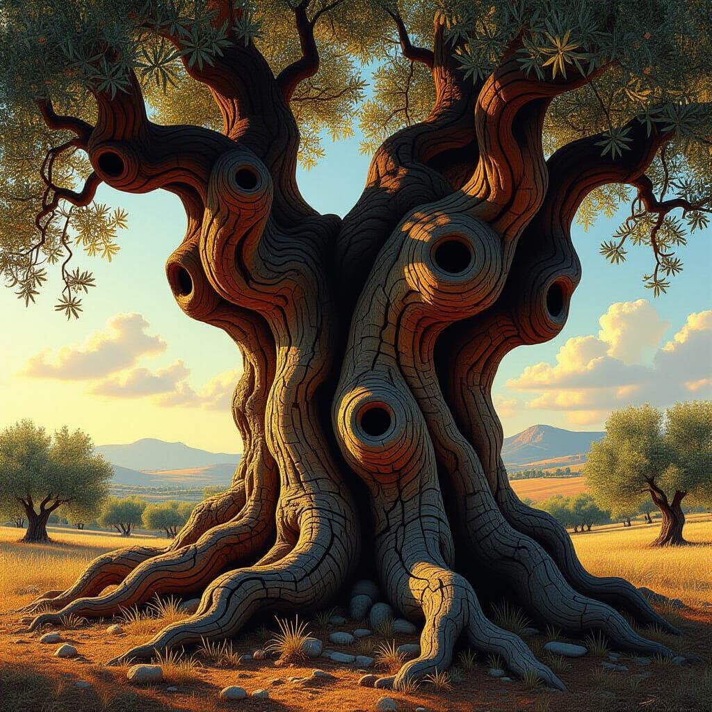 Ancient Gnarled Olive Tree Trunk in Warm Sunlight
