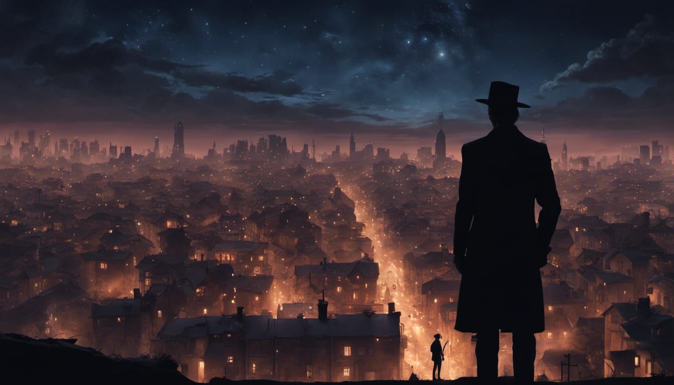 A silhouette of a detective overlooking a town at night. Stars fill the sky   by @Dorian