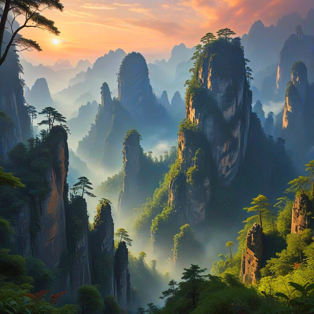Ethereal beauty of Zhangjiajie National Forest Park at sunset, dynamic lighting intricately detailed ...  by @Athanasius