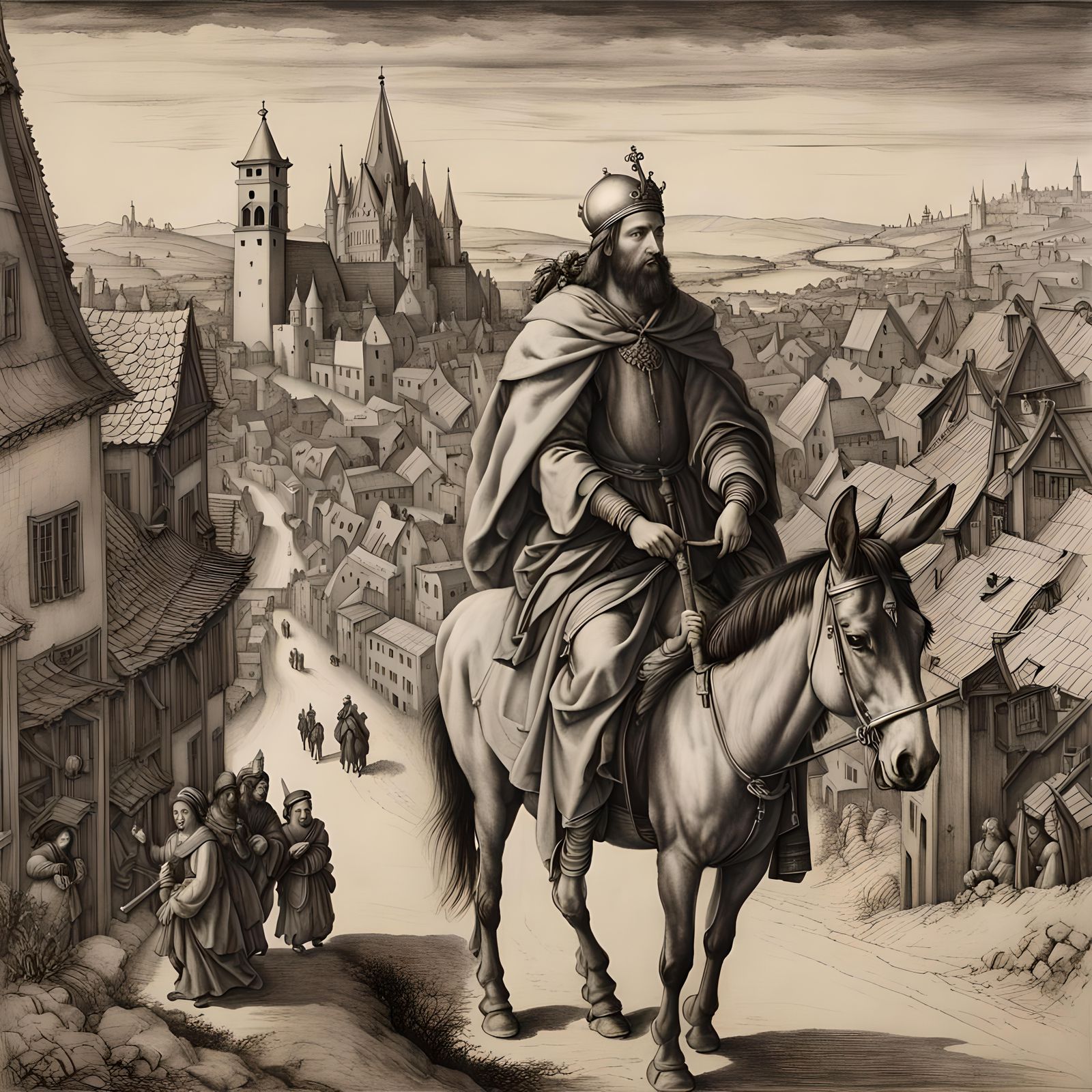 a king riding a donkey through a town,
