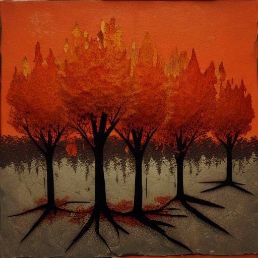 textured torn paper art. Autumn trees blended with a nuclear...
