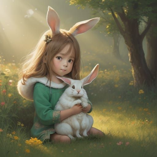 Child Holding Rabbit In Vibrant Oil Painting Style