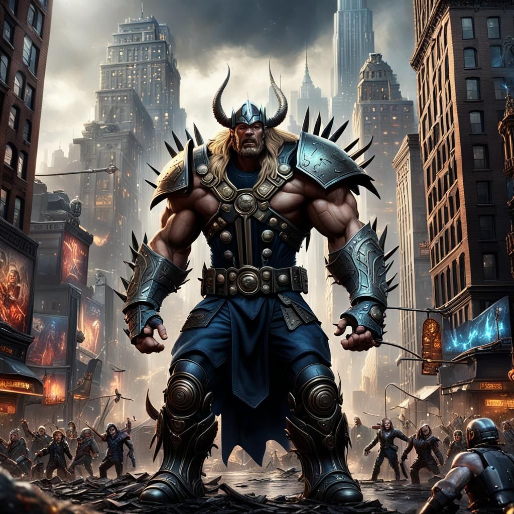 Thor surrounded by a fans of heavy metal in downtown New York. - AI ...