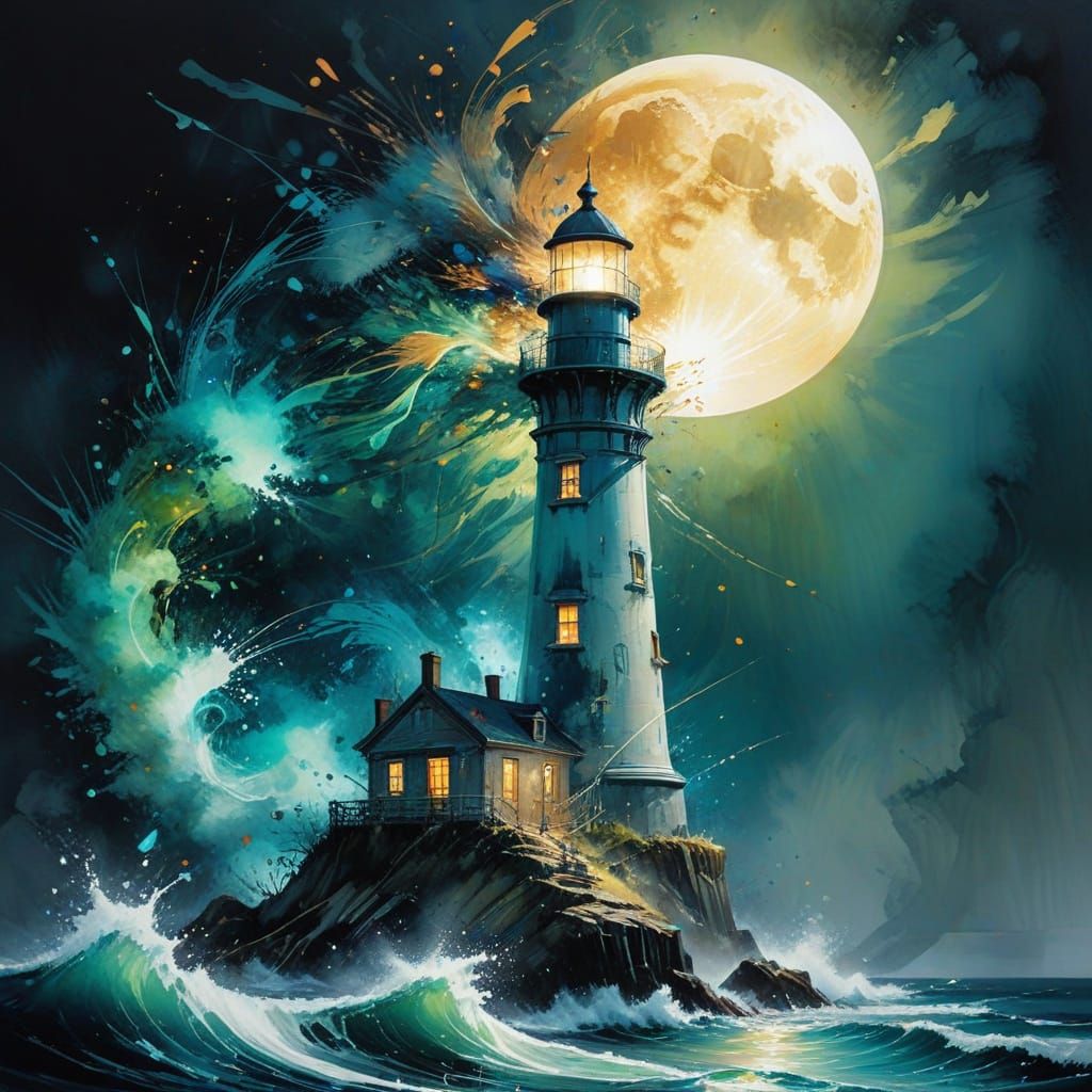 Victorian Lighthouse on a lush coastline under a  full moon  by @Victoria G