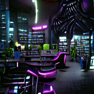 dark neon alien city; Library Interior
