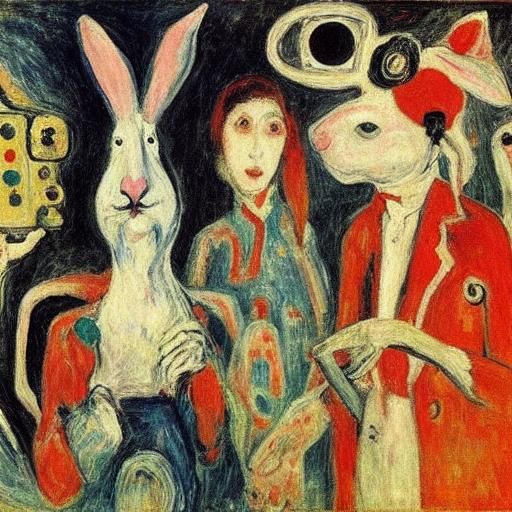 And the rabbit with a broken telephone
Always hides a secret glance
The world around dances like dominoes
Be with us - be glad 
By James Ens...