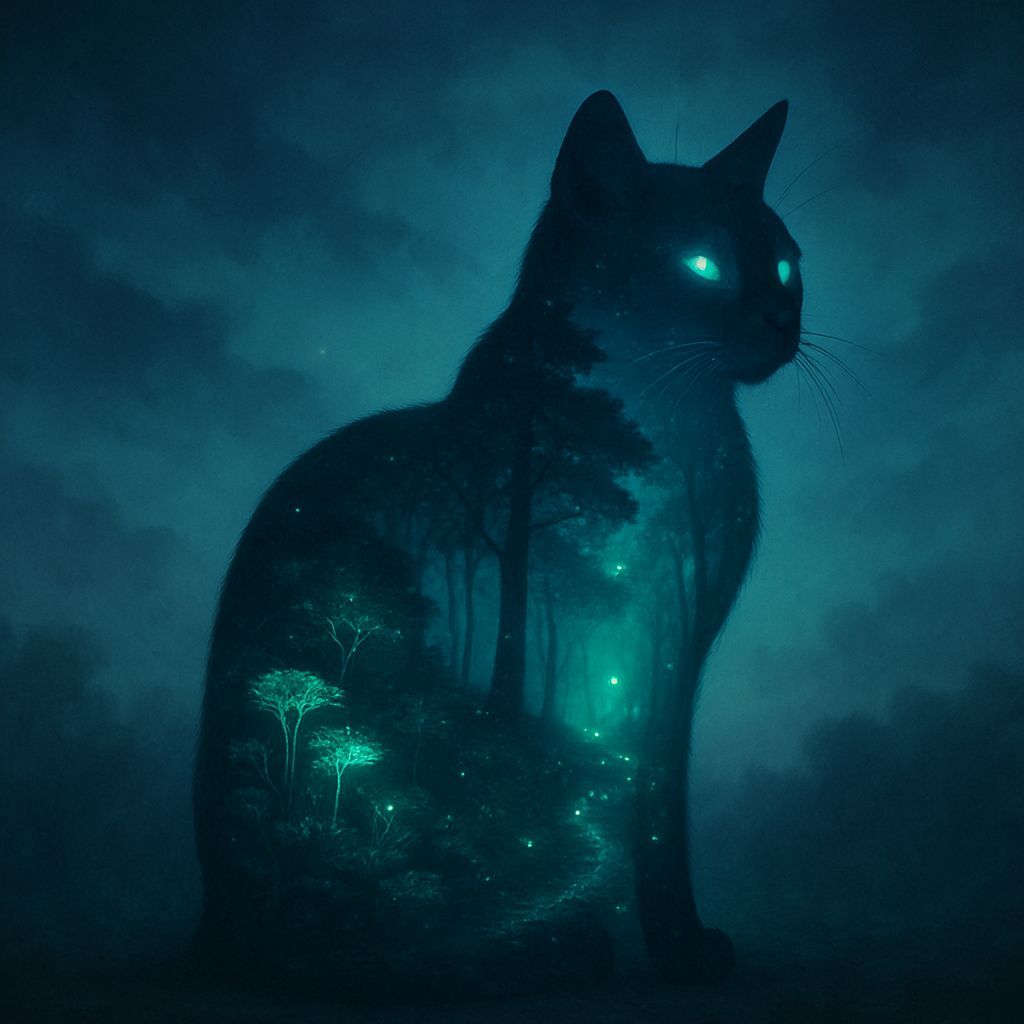 Mystical Cat Portal to Bioluminescent Forest Dreamscape