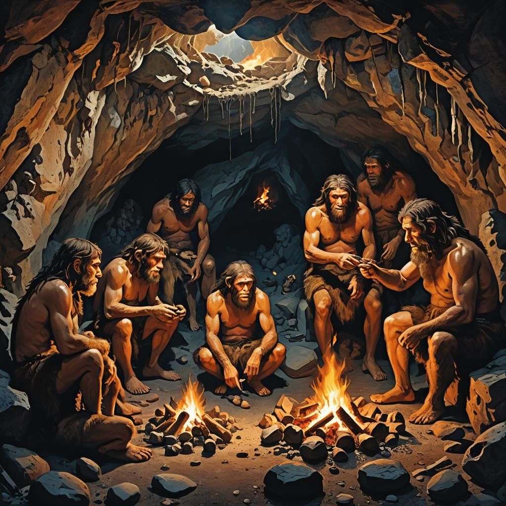 Neanderthal men around the fire - AI Generated Artwork - NightCafe Creator