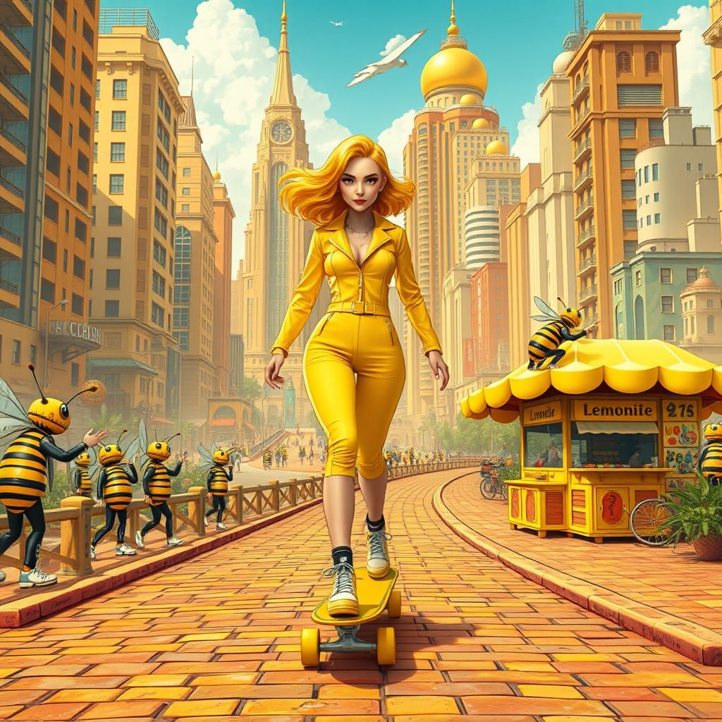 Vibrant Yellow Goddess Cruises Retro-Futuristic Metropolis