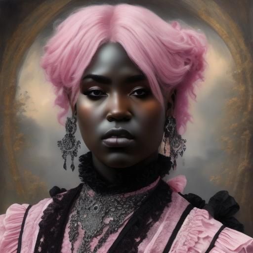 <lora:Painting Intensity:1.0> Glossy oil painting, Portrait of a chubby black skin woman with pink hair, realistic natural face and neck, re...