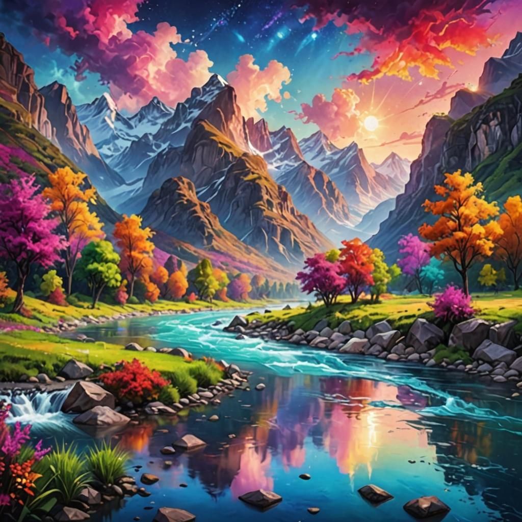  Vibrant Magical riverside, mountain range  by @Artificial Artistry