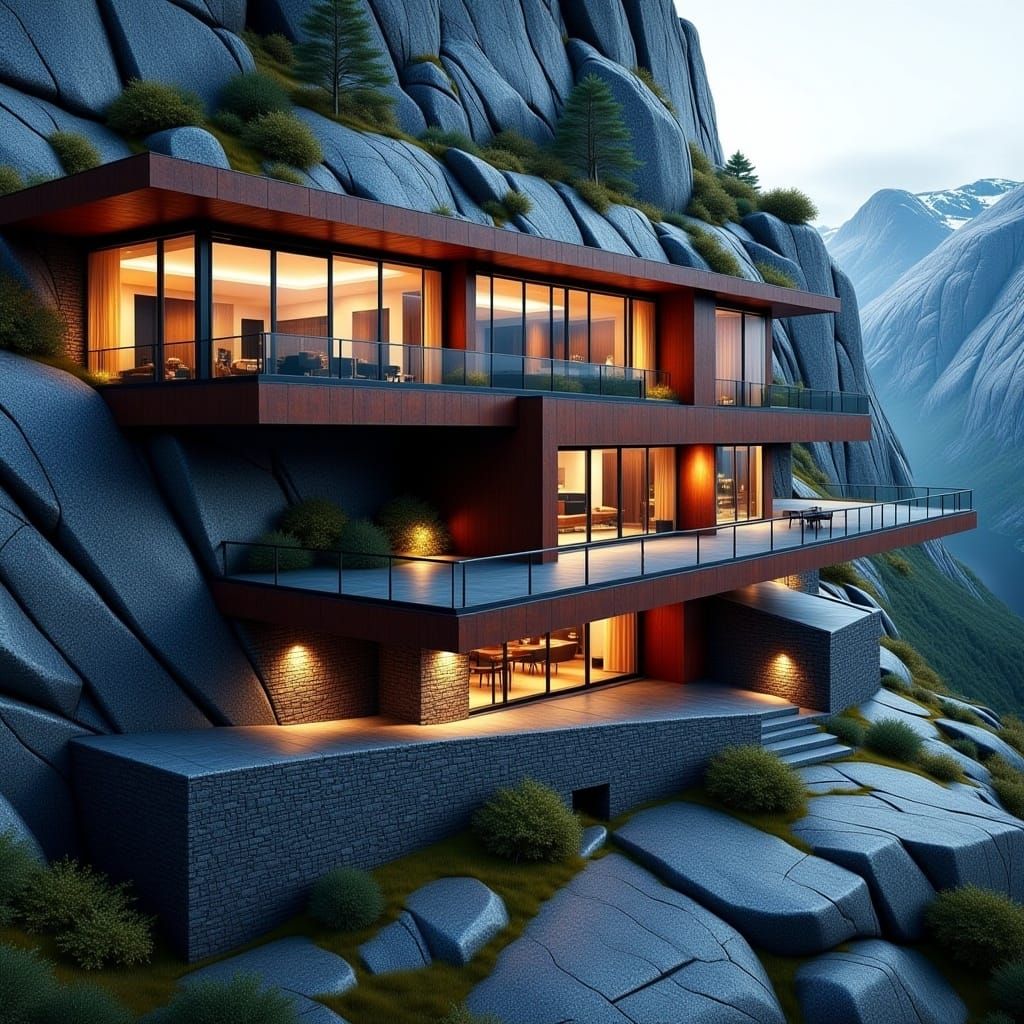 a sleek, modern house by <lora:The Flux Architect:1.0>, seamlessly blending corten steel and dark red bricks into a rugged mountain cliff. E...