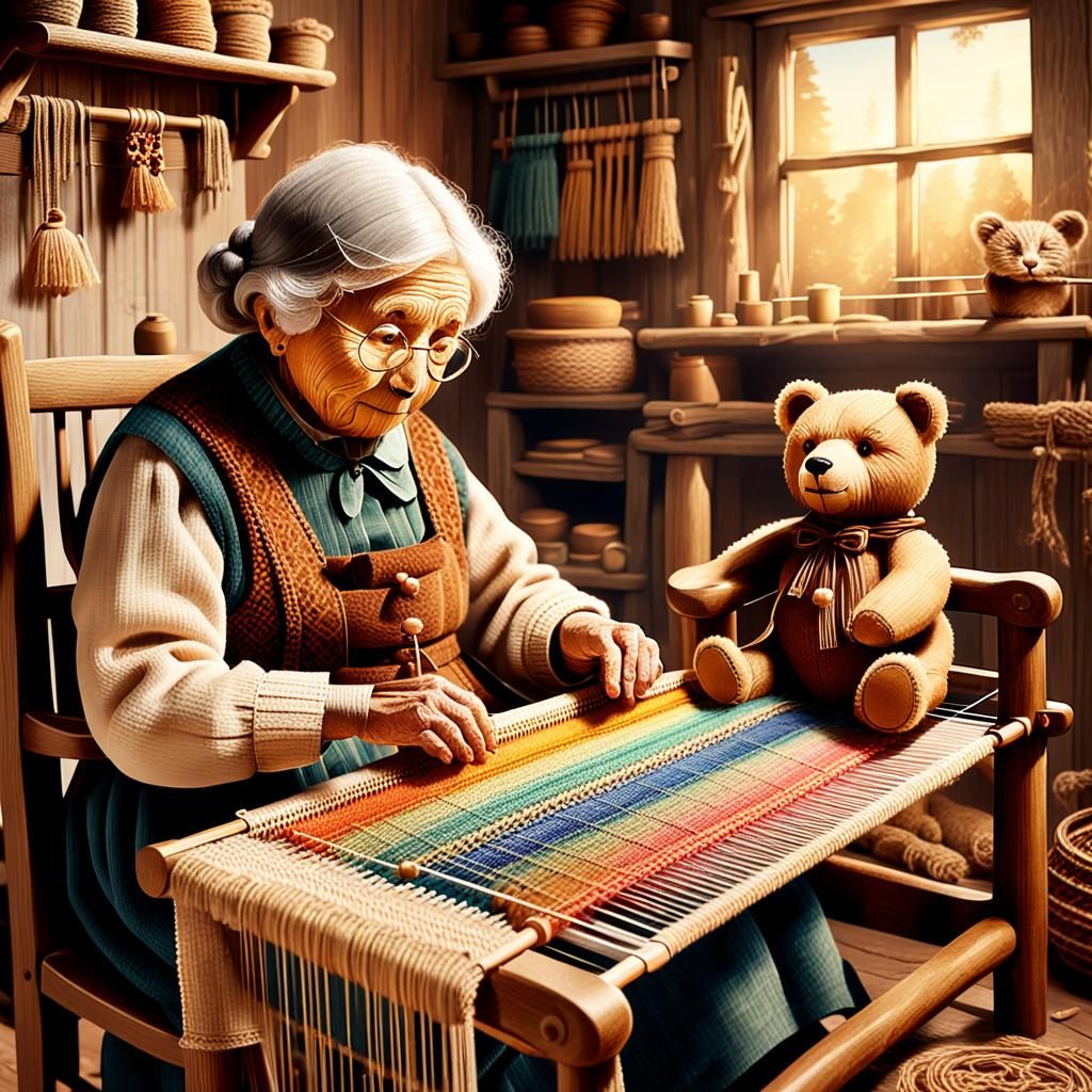 Teddy Bear Learns Loom in Folk-Art Illustration