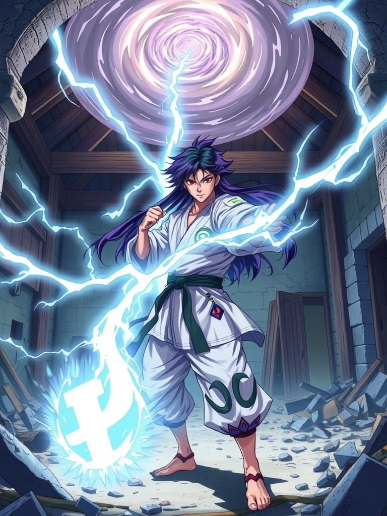 An anime-inspired martial artist with long black and purple hair and striking red eyes stands in a ruined ...  by @Karasu Tepes