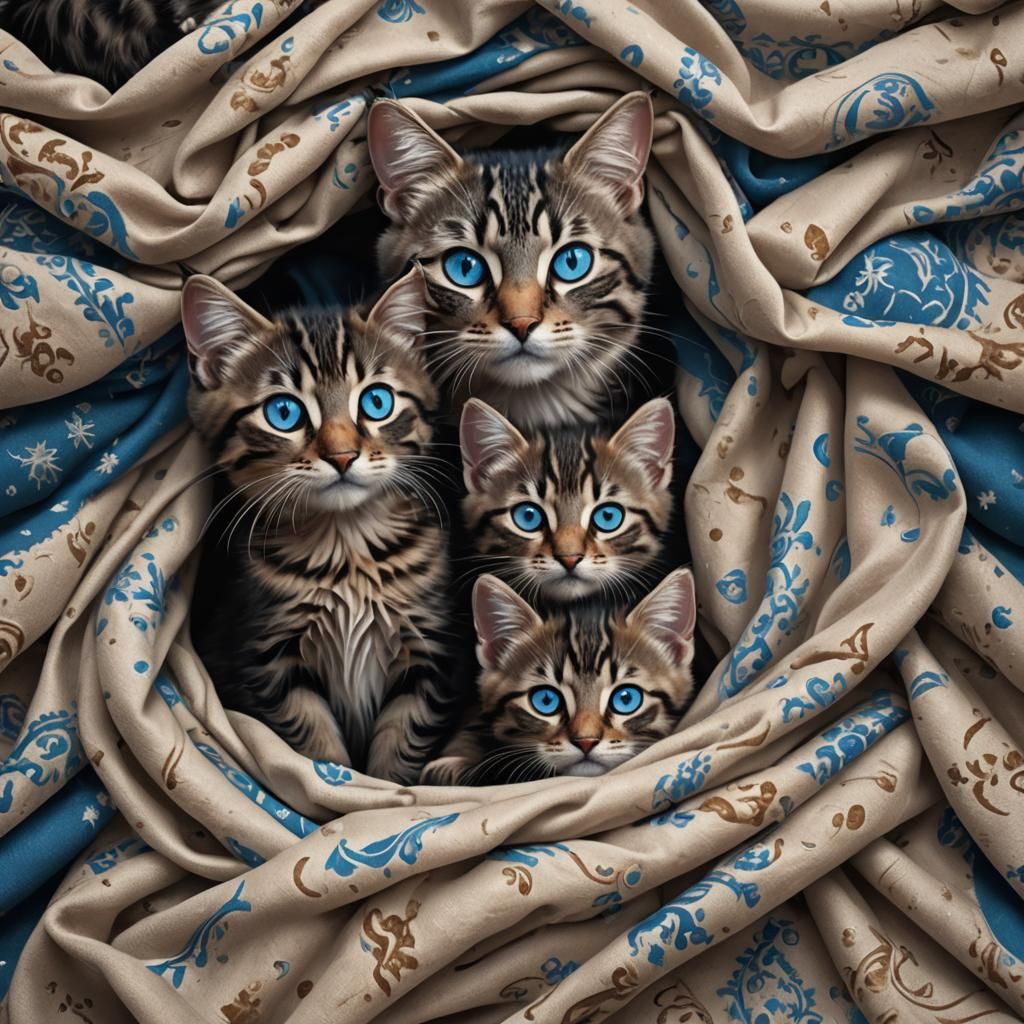 Mother Cat and Kittens with Blue Eyes