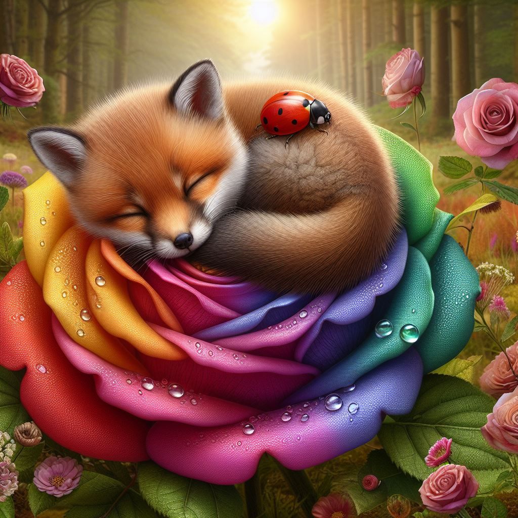 Sleeping Red Fox in a colorful Rose