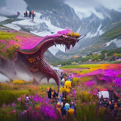 Dragon in a valley of flowers with people admiring it as it ...
