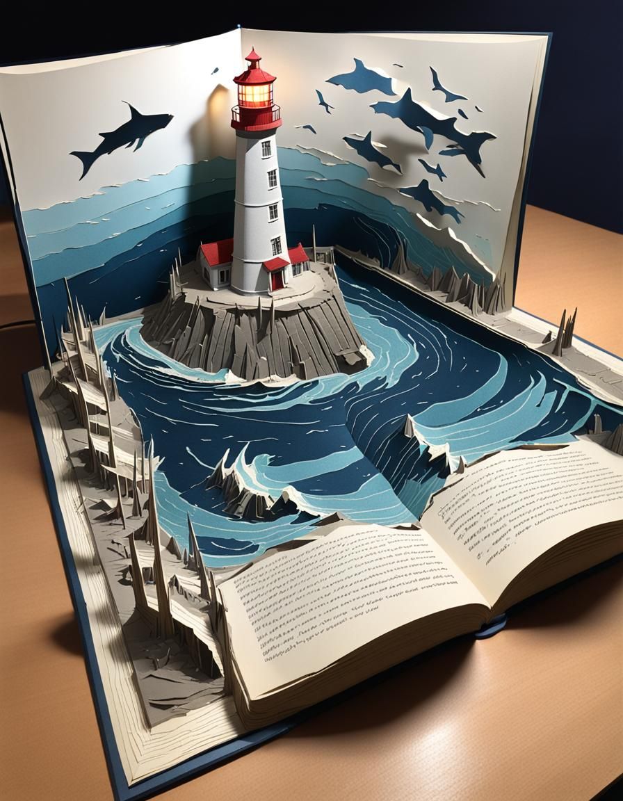 a hyperdetailed pop-up book that looks like a lighthouse tha...