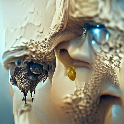 tiny gemstones in viscous state melting over a bird head scu...