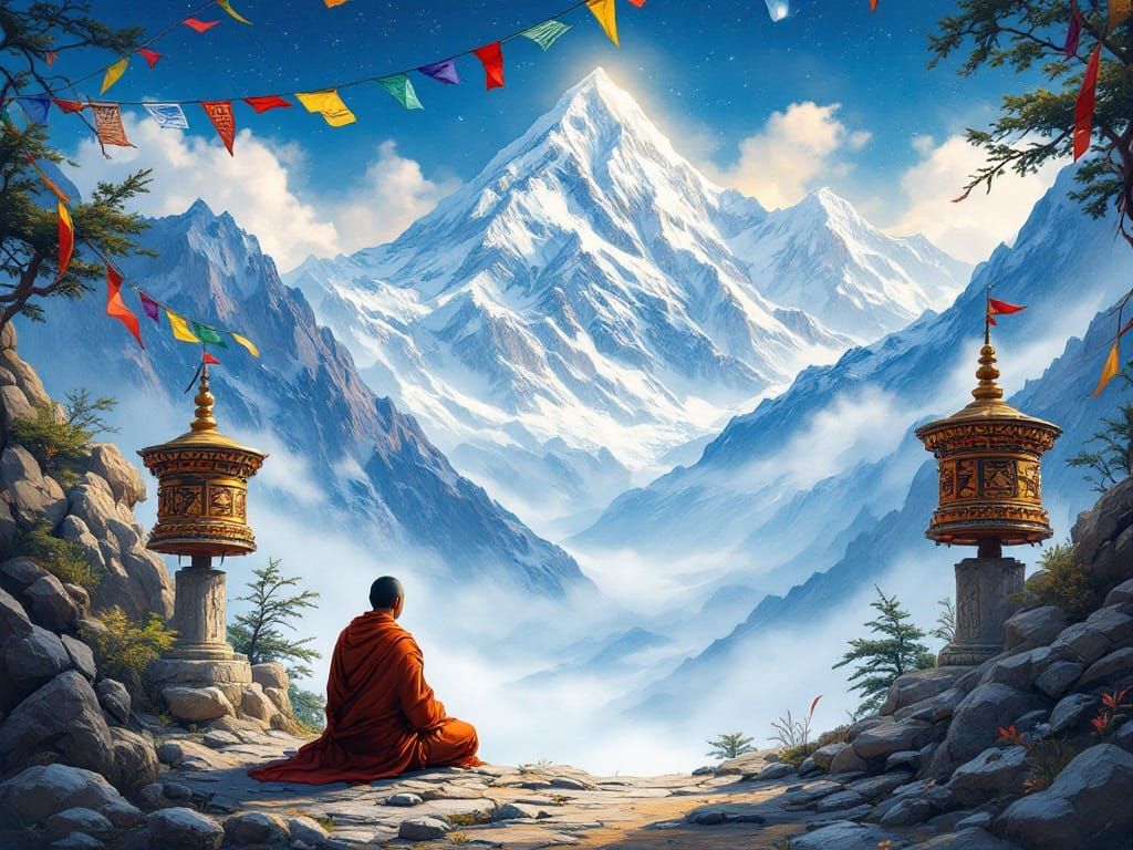Buddhist Monk in Serene Himalayan Landscape