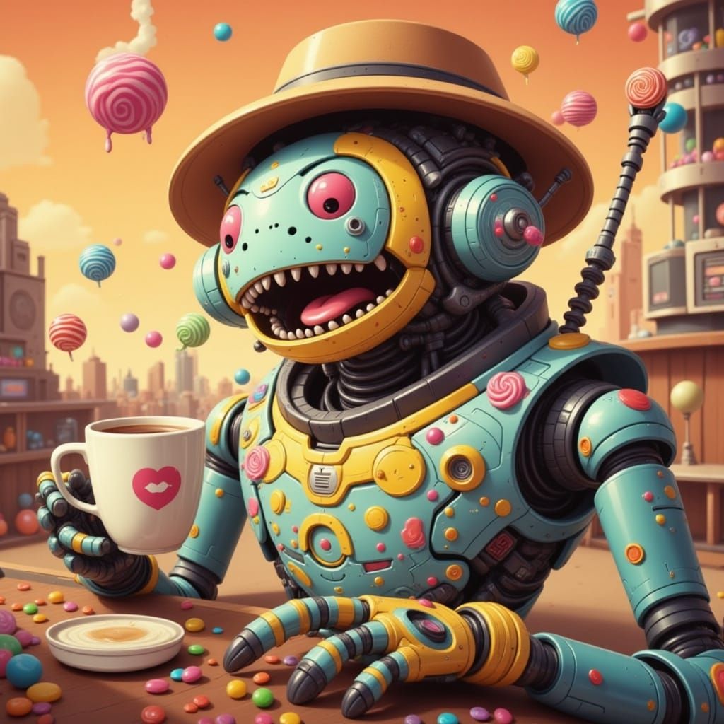 <lora:Bonbon Panic Flux:1.0>
<lora:No Coffee 4 Androids:1.0>
Laughing robot dog wearing a fedora holding a coffee cup.
Candy sci-fi
