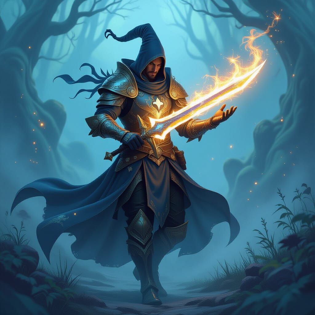 The Jack of Spades as a heroic adventurer exploring mystical lands, wearing armor decorated with spade symbols, carrying a magical sword, dy...