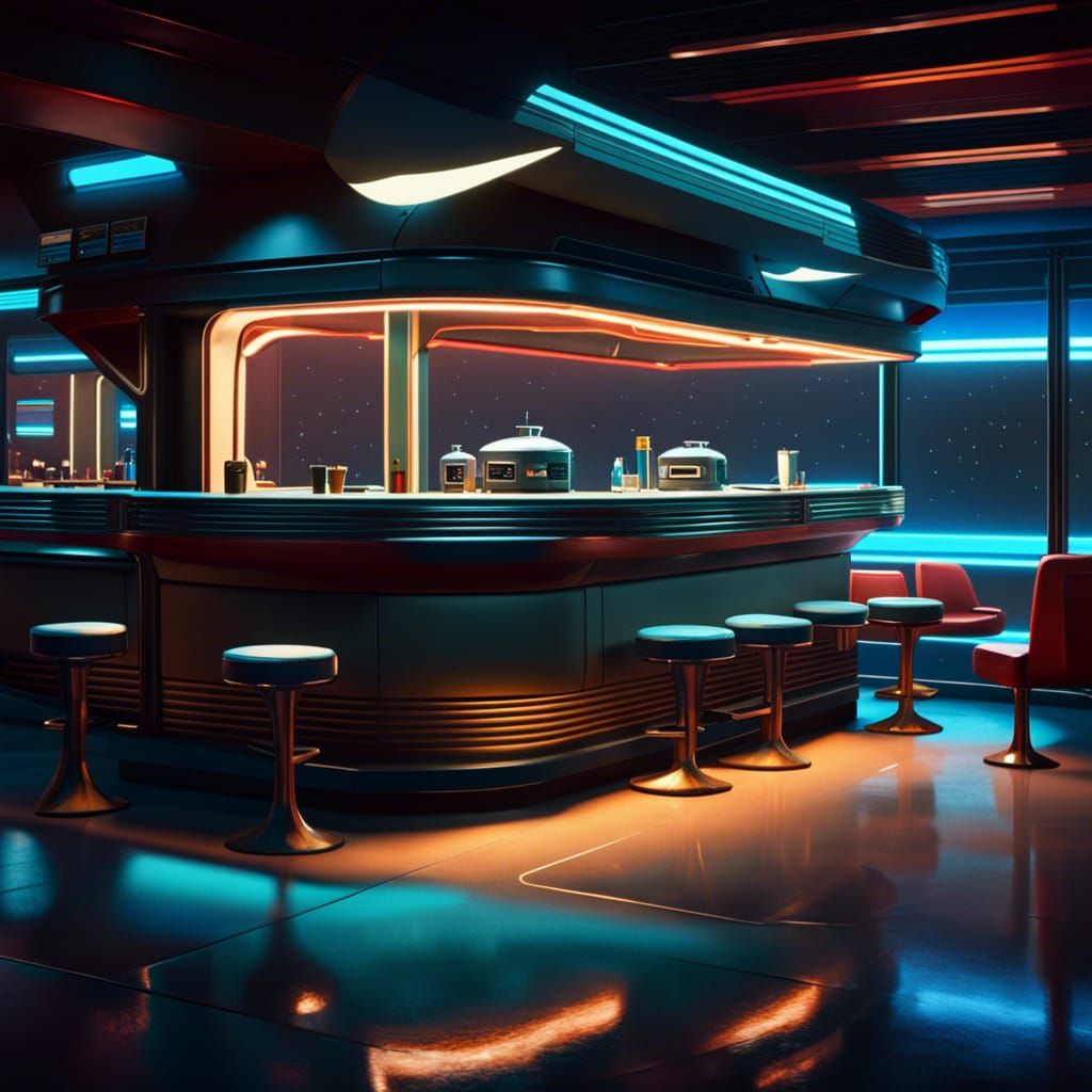 Exterior, spacecore retrofuturisitc, galactic, dimly lit Din...