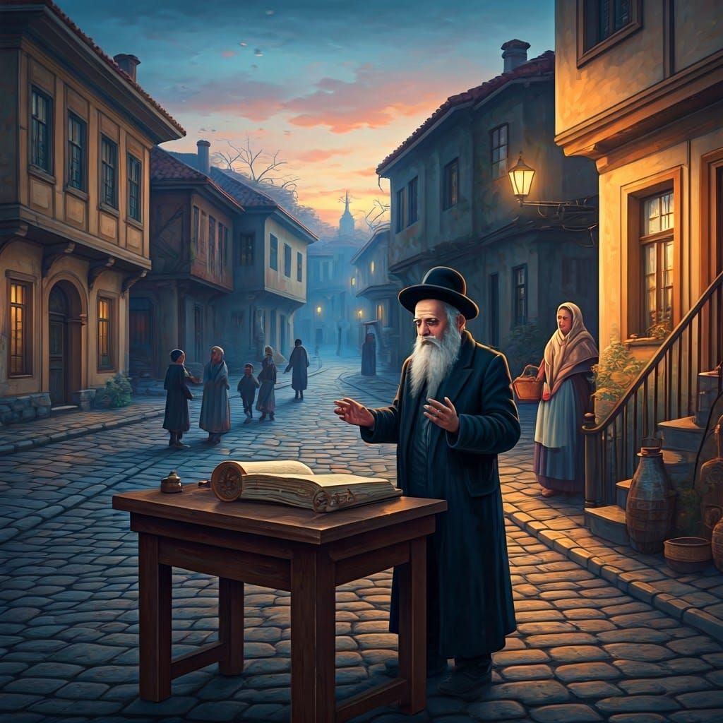 Elderly Rabbi in 19th-Century Jewish Shtetl as Oil Painting