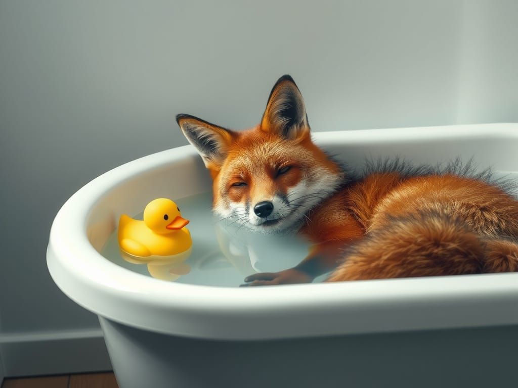 a fox relaxing in a bath tub with rubber duck