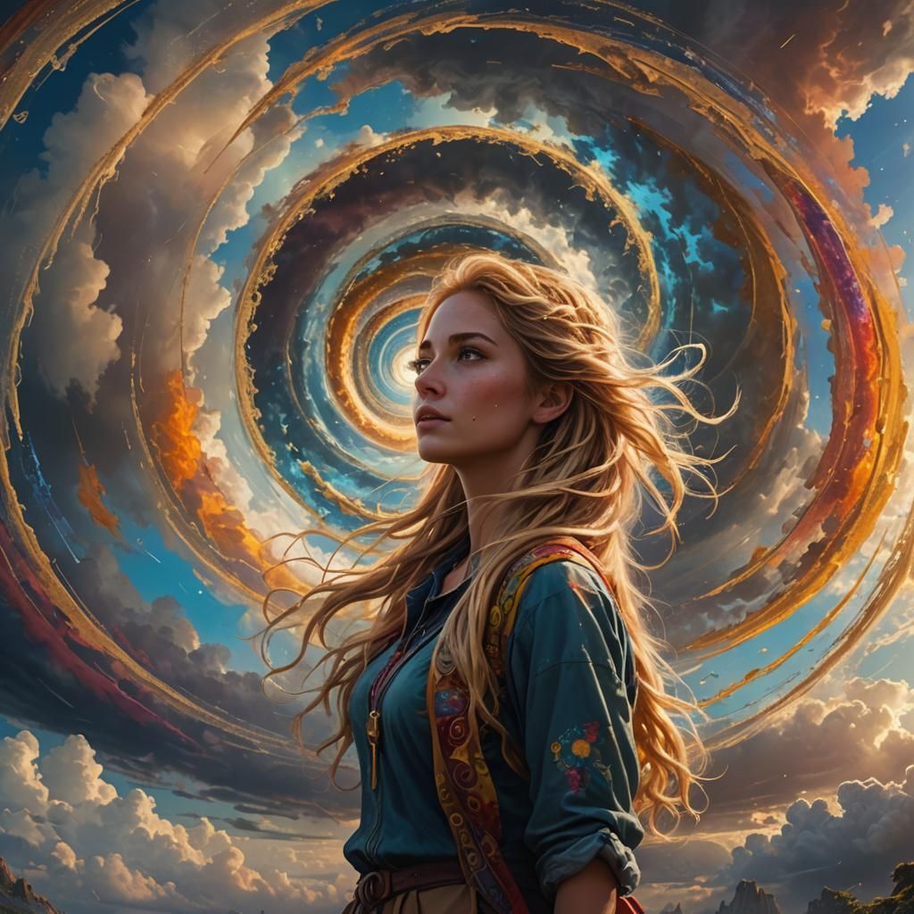 a large multicolored weather spiral in the sky and a very be...