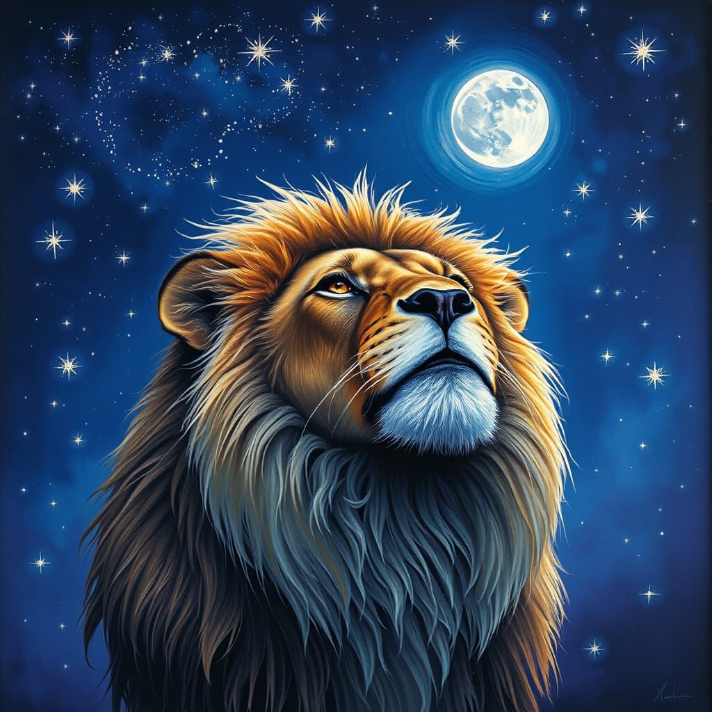 Lion looks up at the star-studded sky  by @Soralba