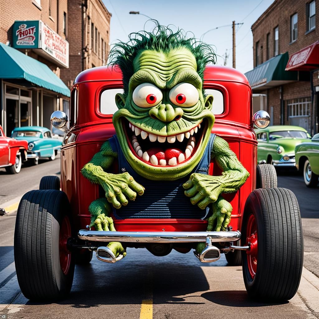 Rat Fink is often depicted as a green, monstrous creature with bulging ...