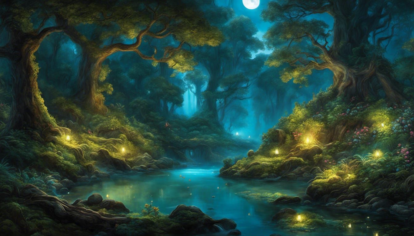 A moonlit clearing, hidden within a dense ancient forest,-1522 ...