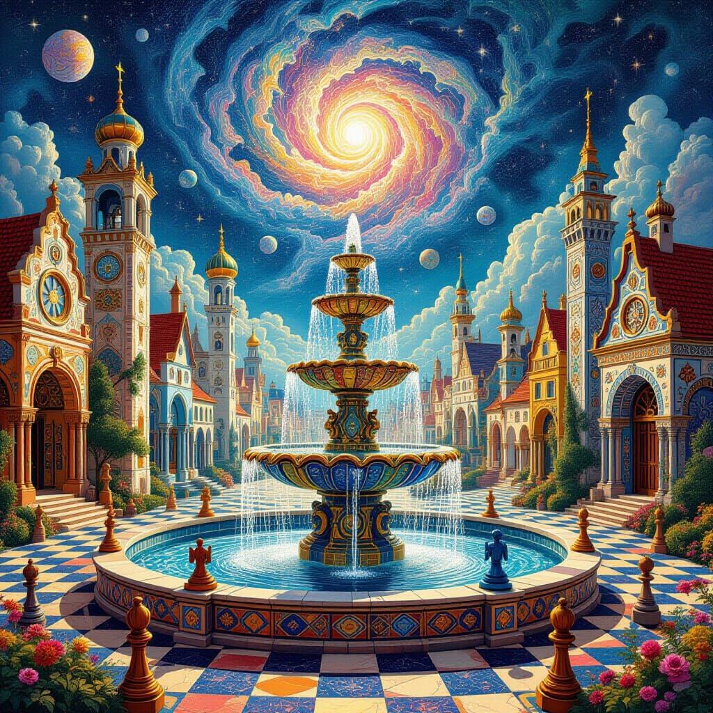 A utopian city filled with sacred geometric patterns, vibrant psychedelic art, and bizarre creatures, ...  by @blenta