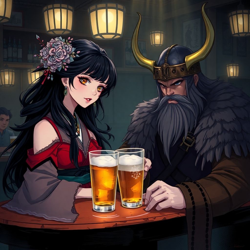 Geisha and Viking at Bar