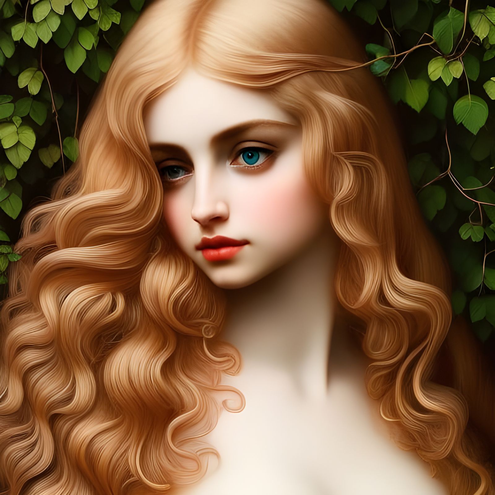 nymphette, extremely gorgeous, young, girl, da vinci, big eyes, deep focus,  sharp, creeping ivy, long curly thick blonde hair, minimal clothes - AI  Generated Artwork - NightCafe Creator