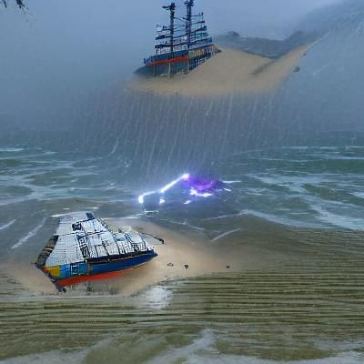 Hyper realistic ship docked on beach in a storm