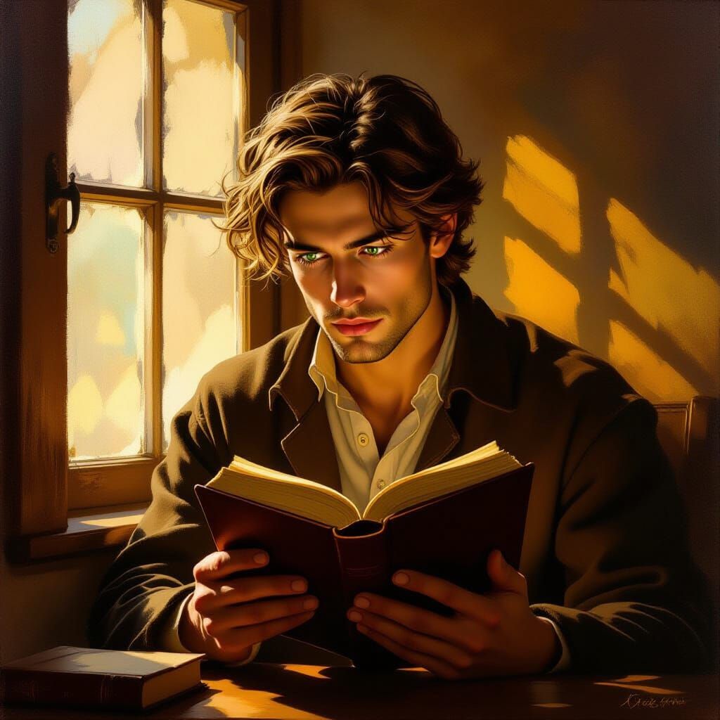 Man Absorbed in Book, Bathed in Golden Sunlight