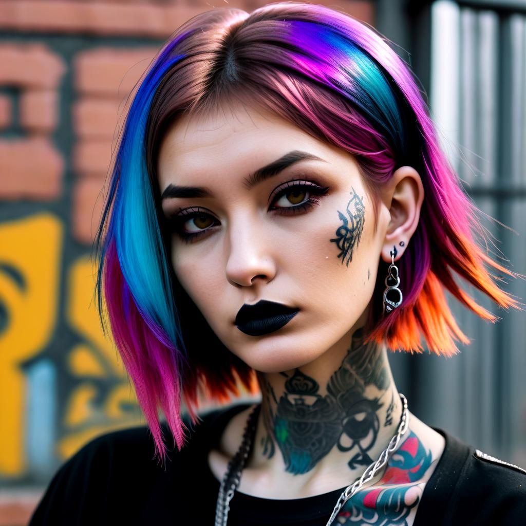 Beautiful uzbek girl, light Brown hair, tattoos, colorful hair, goth punk  emo egirl, east europe girl, 30 years old, streetwear , gang cloth... - AI  Generated Artwork - NightCafe Creator