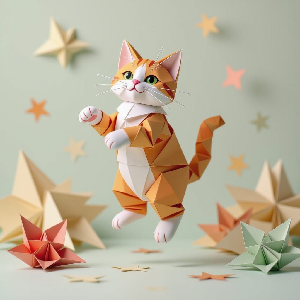 A cat jumping in the air made of origami paper 