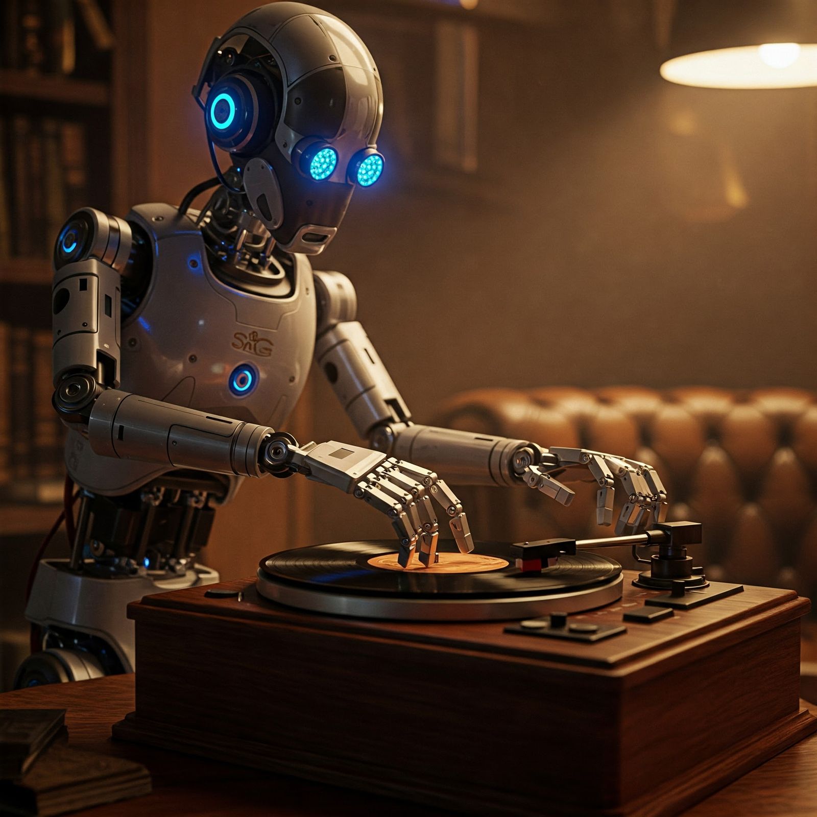A robot operates a vintage record player