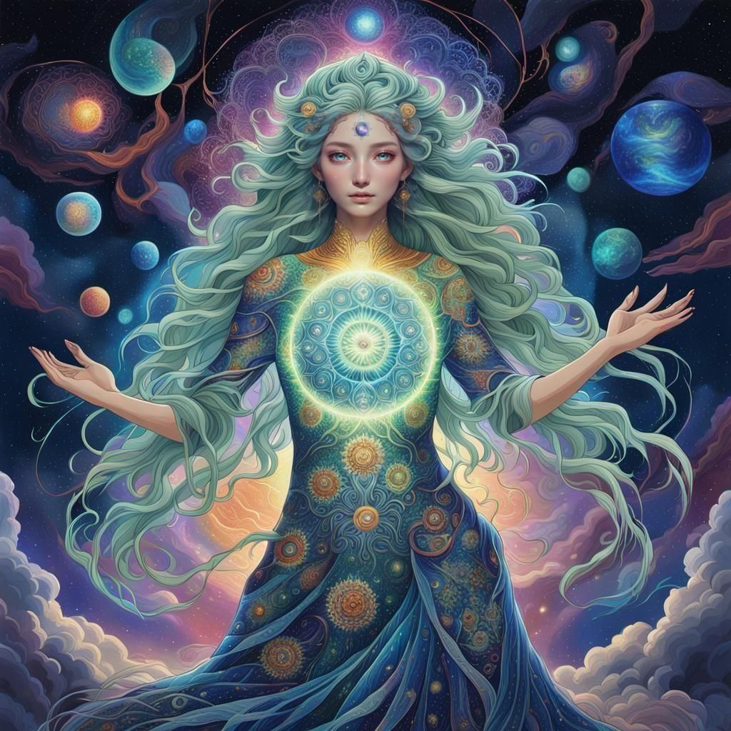 Earth Mother 8k resolution holographic astral cosmic illustration mixed media by Pablo Amaringo By artist "anime", 3d anime art, inspired by...