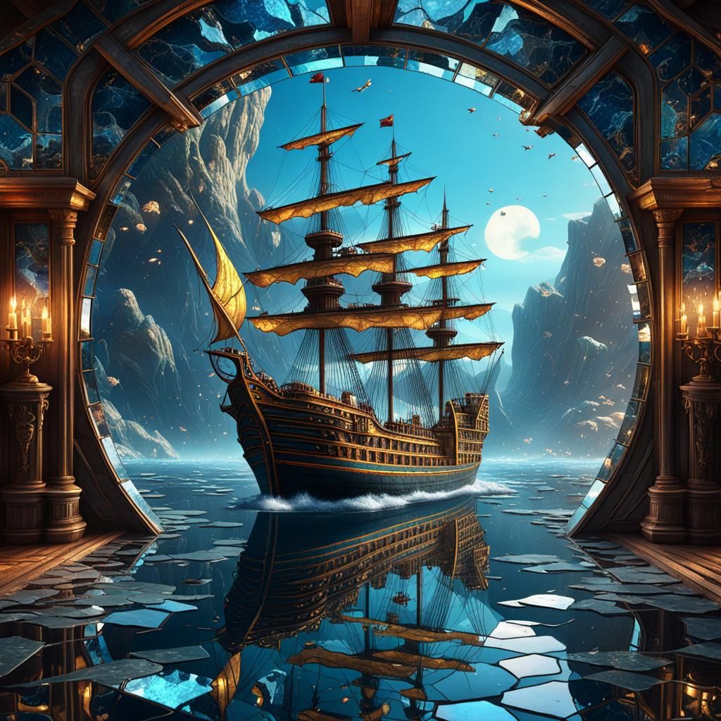 Mirror tiles, ship at sea, done in broken mirror tiles