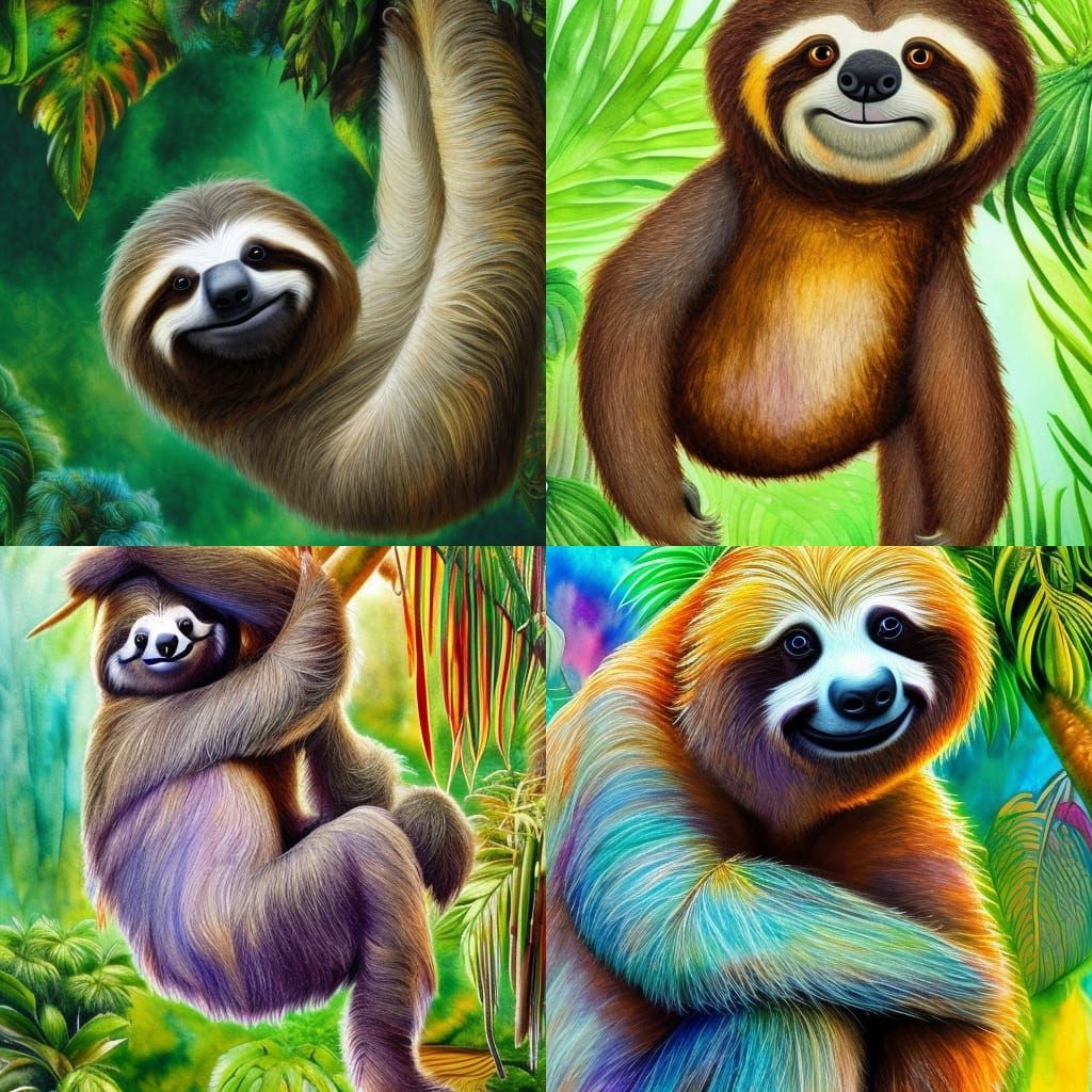 Beautiful shaggy furred smiling Sloth, watercolor in style of Josephine wall and YaSheng Art, 8k, 3d image, hyperrealist...