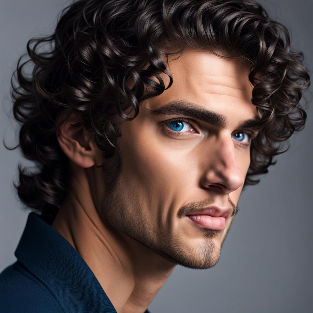 tall , slim, short dark curly hair blue eyes man - AI Generated Artwork -  NightCafe Creator